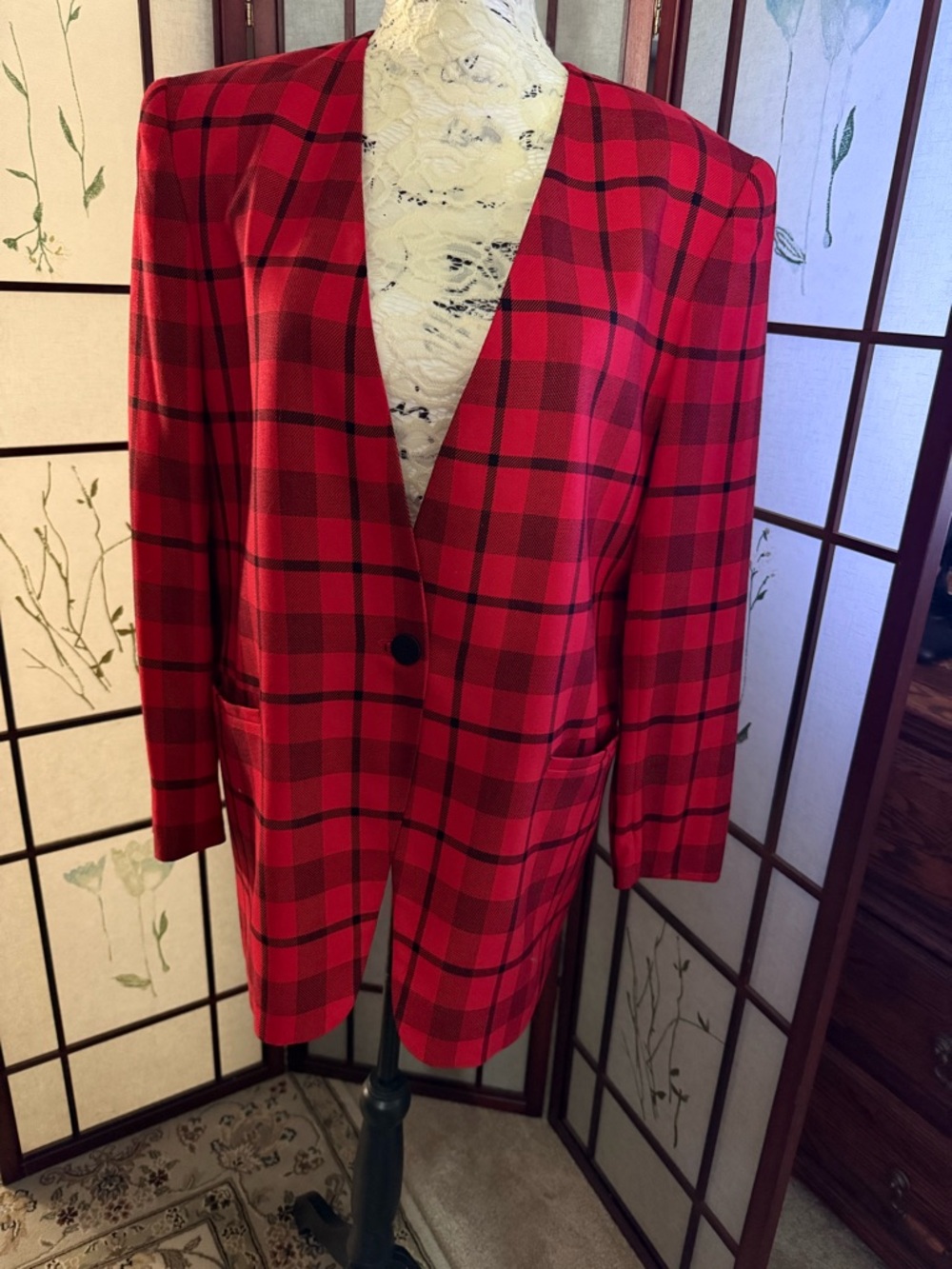 Jones New York Red Plaid Single-Button Blazer